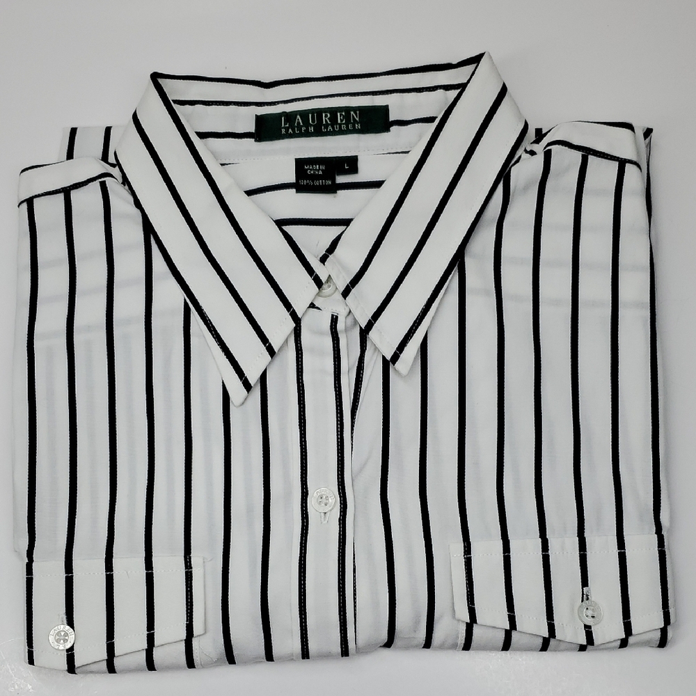 Lauren RALPH LAUREN Black White Striped Button Down ALL Cotton Shirt L
